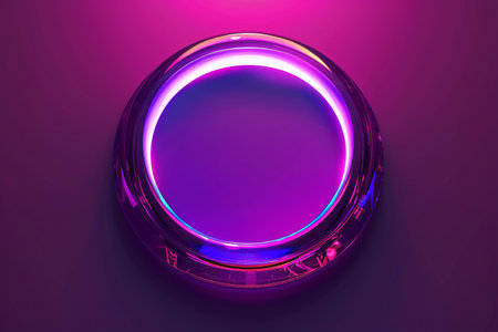 3d rendering of neon light switch on purple background. Glowing circle button.の素材