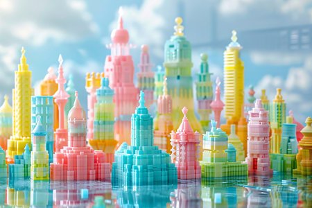 Colorful plastic toy castle on blue sky background. 3d renderingの素材