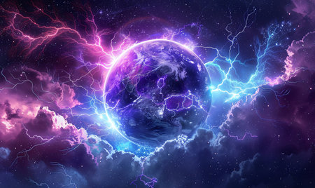 Earth and lightning in space. 3D illustration. Elements of this image furnished by NASAの素材