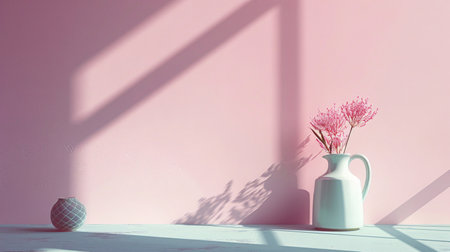 Pink vase with flowers on white wooden table and pink wall.の素材