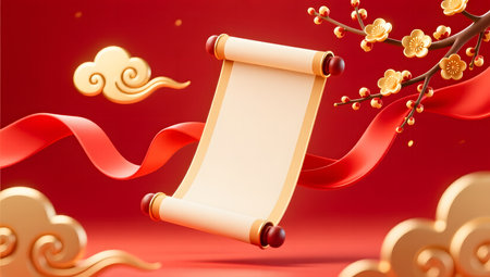 Chinese New Year background with gold paper scroll and cherry blossom.の素材