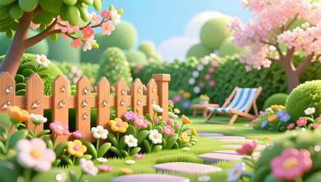 3d render of a garden with wooden fence and flowers in the foregroundの素材