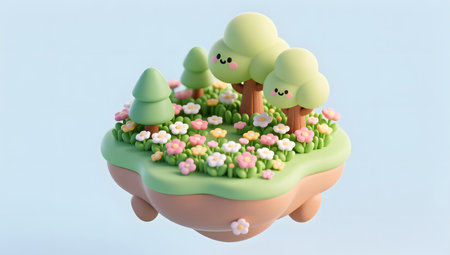 Cute cartoon trees and flowers in a clay pot on blue backgroundの素材