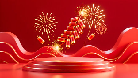 Red podium with fireworks and firecracker on red background. Vector illustrationの素材