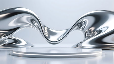 3d render, abstract silver background, round podium with waves, modern designの素材