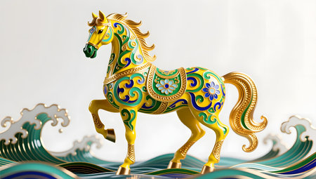 Golden horse on a white background. 3d illustration. Golden horse.の素材