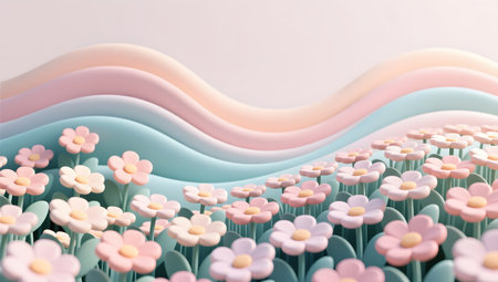 Paper flowers on pastel background, 3d rendering. Computer digital drawing.の素材