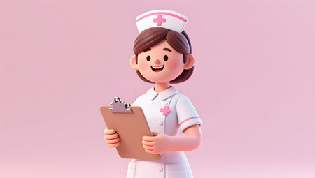 Nurse with clipboard and checklist on pink background. 3d renderingの素材