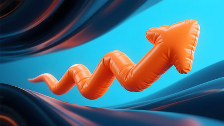 Orange inflatable balloon on a blue background. 3d rendering.の素材