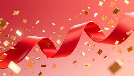 Red ribbon and confetti on a red background. Vector illustration.の素材