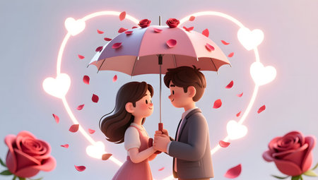 Couple in love with umbrella and heart background. 3d renderingの素材