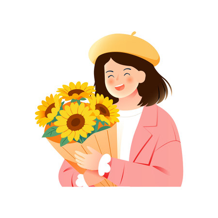 Girl with a bouquet of sunflowers. Vector illustration.のイラスト素材