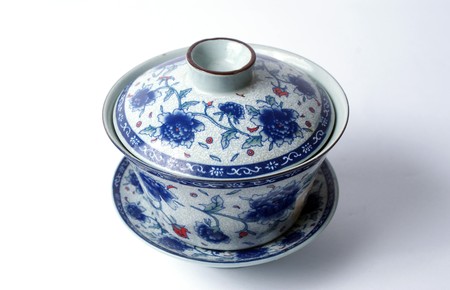 blue and   White Cup of tea side view isolated on whiteの写真素材