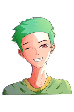 Handsome boy green hair wearing green shirt design character cartoon illustrationのイラスト素材