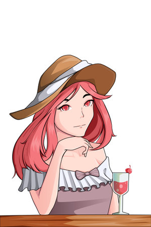 beautiful woman in summer time with fresh juice character illustrationのイラスト素材