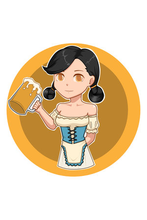Black hair girl with beer cartoon illustrationのイラスト素材
