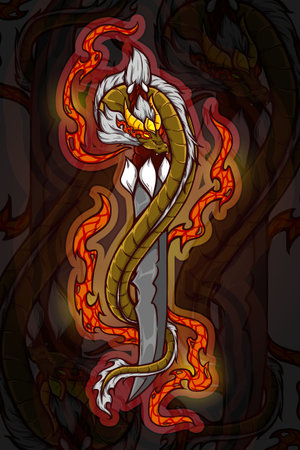 Golden horn dragon with sword vector illustrationのイラスト素材