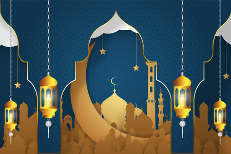 Ramadan Kareem background blue and goldのイラスト素材