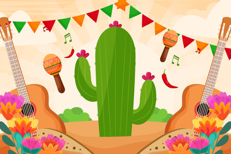 Flat Cinco De Mayo Mexican festival landscape backgroundのイラスト素材
