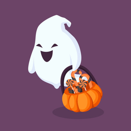 Halloween Ghost with Pumpkin Candy Character Design Illustrationのイラスト素材