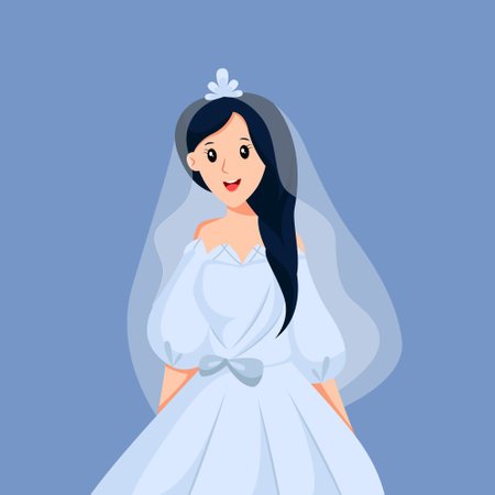 Happy Bride in Blue Dress Character Design Illustrationのイラスト素材