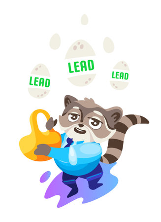 Vector sticker manager raccoon catches eggs with the inscription LEAD. illustration in cartoon style.のイラスト素材