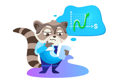 Vector sticker manager raccoon plans a task next to a growth chart. illustration in cartoon style.のイラスト素材