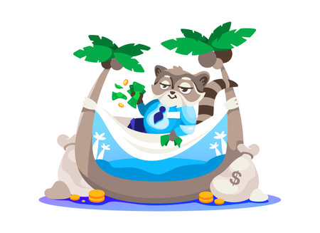 Vector sticker manager raccoon happy with business and profit is resting on a tropical island. illustration in cartoon style.のイラスト素材