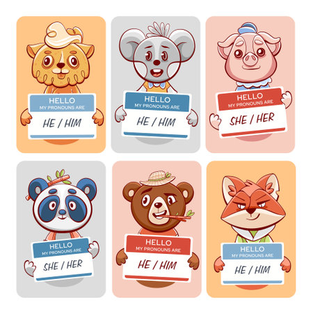 Vector cards with cute animals: sheep, panda, mouse, bear, pig and fox in cartoon style.のイラスト素材