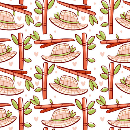 Vector pattern hat and bamboo in cartoon style.