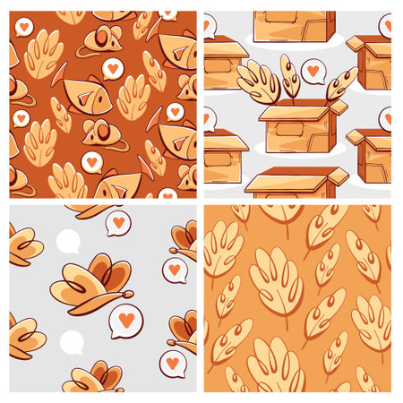 Set of vector patterns in cartoon style: butterfly, box, heart, mouse, fish, etc.のイラスト素材