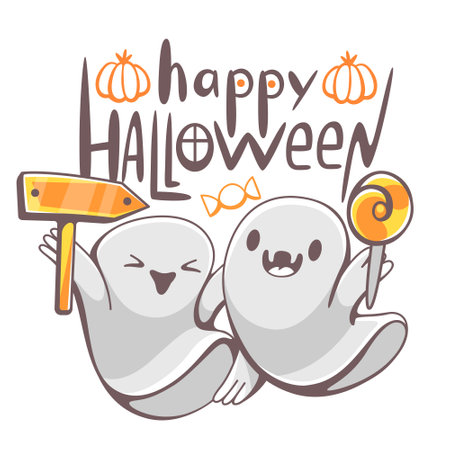 Vector illustration on Halloween theme with cute ghosts and lettering.のイラスト素材