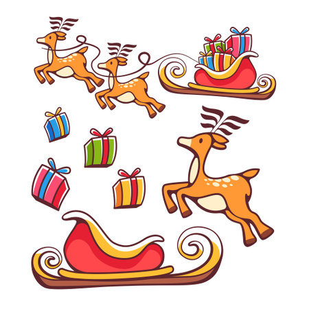 Set of Christmas gifts, reindeer and sleigh in cartoon cute style.のイラスト素材