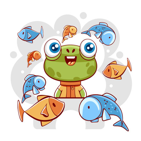 Vector cute frog and fish in cartoon style.のイラスト素材
