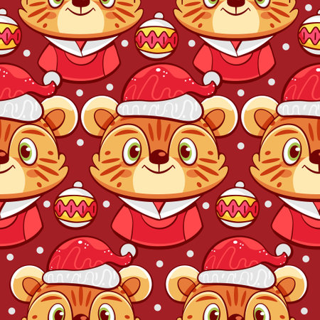 Vector pattern with a tiger in a Santa suit and Christmas tree toys in a cute cartoon style.のイラスト素材