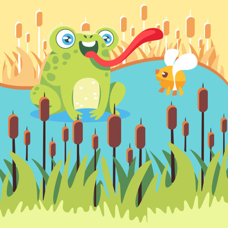 Vector illustration with a toad and a fly in a swamp in a cute cartoon style.のイラスト素材