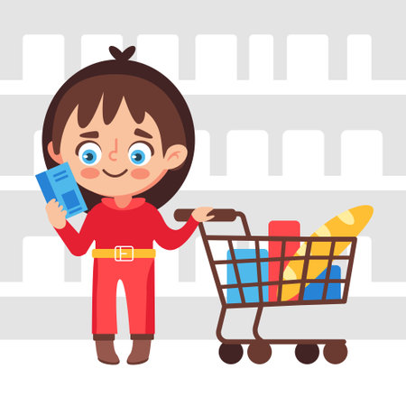 Vector illustration of a girl with a cart doing shopping in a store in a cute cartoon style.のイラスト素材