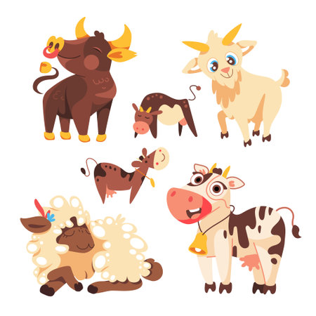 Vector set of farm animals, bull, cows, goat, sheep in cute cartoon style.のイラスト素材