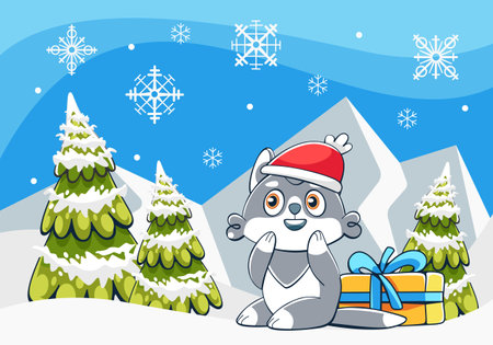 Vector illustration with a hare, gifts and Christmas trees in a snowy landscape.のイラスト素材