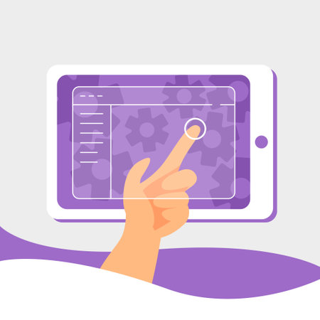 Vector illustration of a finger showing information on a tablet screen.のイラスト素材