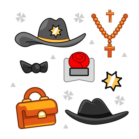 Set of vector elements, cartoon style accessories, cowboy hat, sheriff's star, rose for suit, briefcase, sheriff's hat, bow tie.のイラスト素材