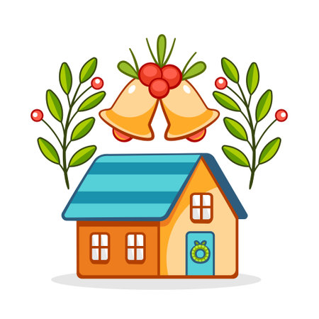 Christmas vector illustration, house, bells and holly wreath in cute cartoon style.のイラスト素材