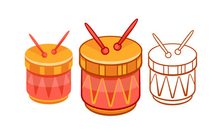 Set of vector musical drums of different colors in cartoon style.のイラスト素材