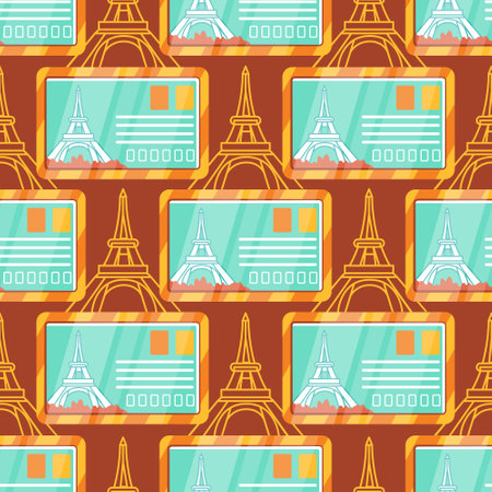 Vector pattern on the theme of tourism, Paris and the Eiffel Tower in a cute cartoon style.のイラスト素材