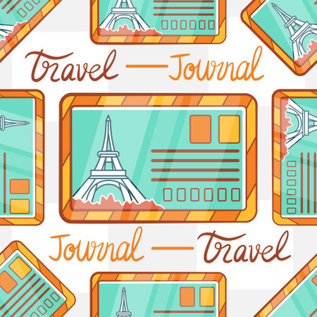 Vector pattern of travel postcards to Paris in a cute cartoon style.のイラスト素材