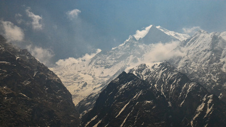POKHARA, NEPAL - APRIL 14, 2016 Mt Machapuchare views from near Annapurna base camp, Nepalのeditorial素材