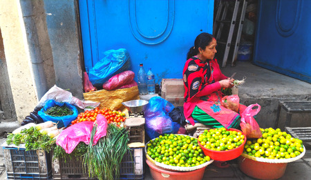 Khatmandu, Nepal-APR 17, 2016 :Unidentified local people and seller with vegetables at Market in...
