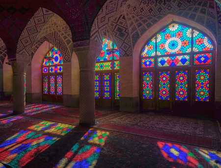It is known as Masjed-e Naseer ol Molk in Persian and was built in 1876 - 1888. Praying room of the beautiful Nasir Al-Mulk Mosque or Pink Mosque a traditional mosque located in Goad-e-Araban place.のeditorial素材