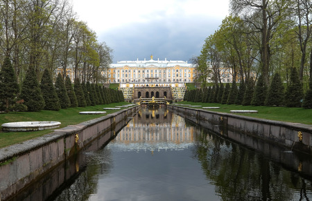 SAINT PETERSBURG, RUSSIA - MAY 23, 2017: Scenic view of the Grand Cascade,  The Peterhof Palace and Gardens complexのeditorial素材