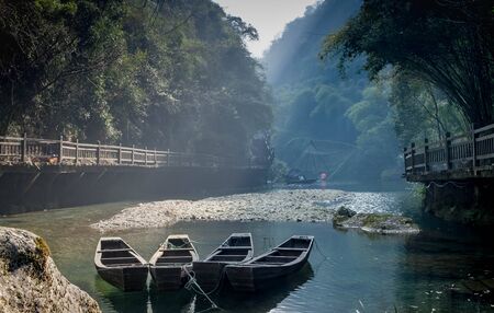 YICHANG, HUBEI / CHINA - DEC 25 2019:  Chinese traditional fisherman's sailing boat at Yangtze river...